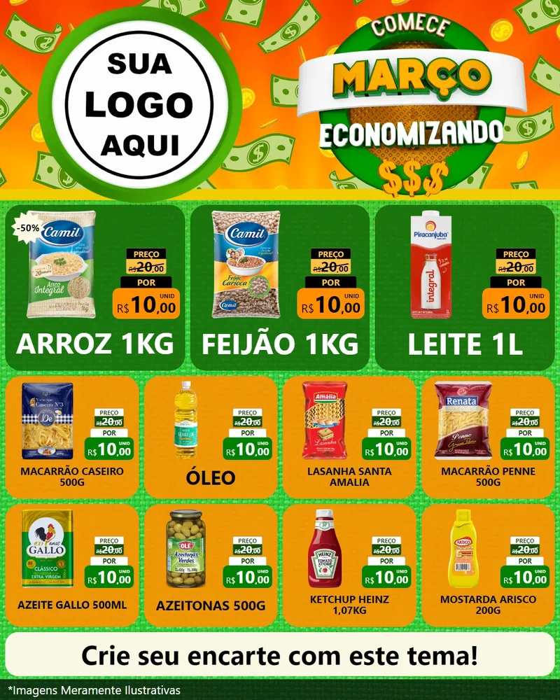 Modelo de Rede Social para Feed Instagram com o tema Comece Março Economizando para Supermercado