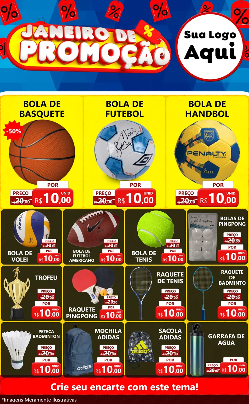 Modelo de Encarte para Encarte Grande com o tema Janeiro de Promoção para Artigos Esportivos