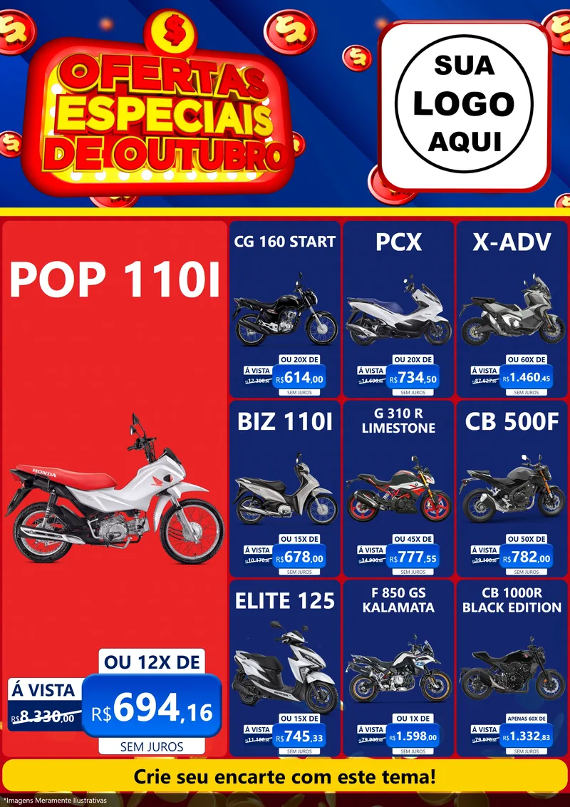 Modelo de Encarte para Encarte A4 Vertical com o tema Ofertas Especiais de Outubro para Concessionaria de Motos