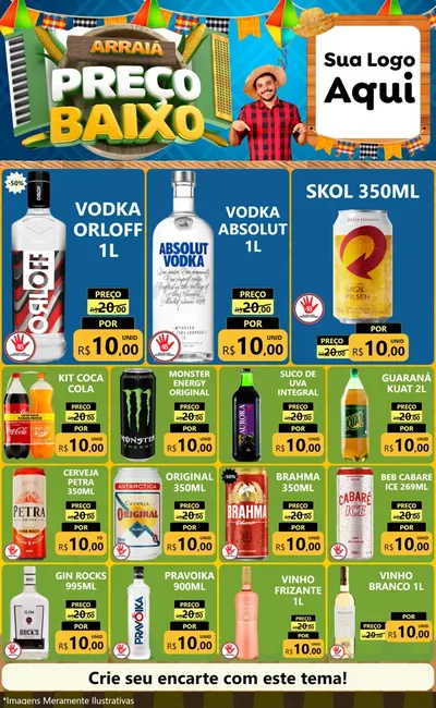 Modelo de Encarte para Encarte Grande com o tema Arraiá de Preço Baixo - Junina para Distribuidora de bebidas