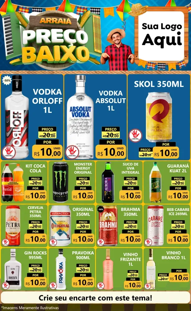 Modelo de Encarte para Encarte Grande com o tema Arraiá de Preço Baixo - Junina para Distribuidora de bebidas