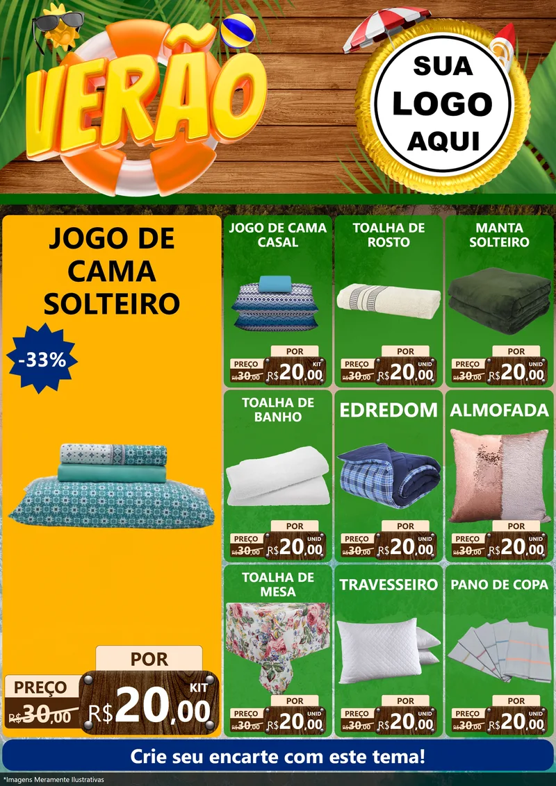 Modelo de Encarte para Encarte A4 Vertical com o tema Verão para Cama, Mesa e Banho