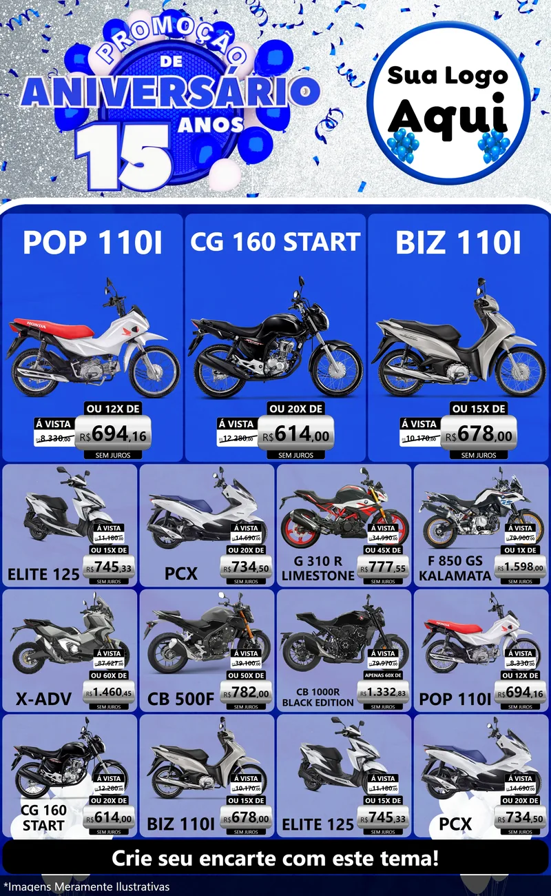 Modelo de Encarte para Encarte Grande com o tema Promoção de Aniversário - 15 Anos para Concessionaria de Motos