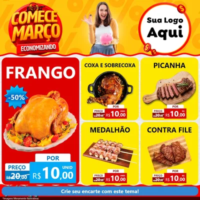 Modelo de Rede Social para Feed Facebook com o tema Comece Março Economizando para Assados