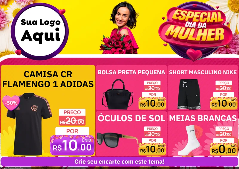 Modelo de Encarte para Encarte A4 Horizontal com o tema Especial Dia da Mulher para Roupas e acessórios
