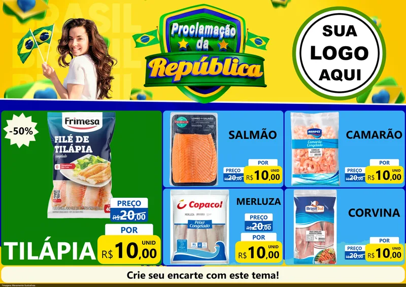 Modelo de Encarte para Encarte A4 Horizontal com o tema Proclamação da República para Peixaria