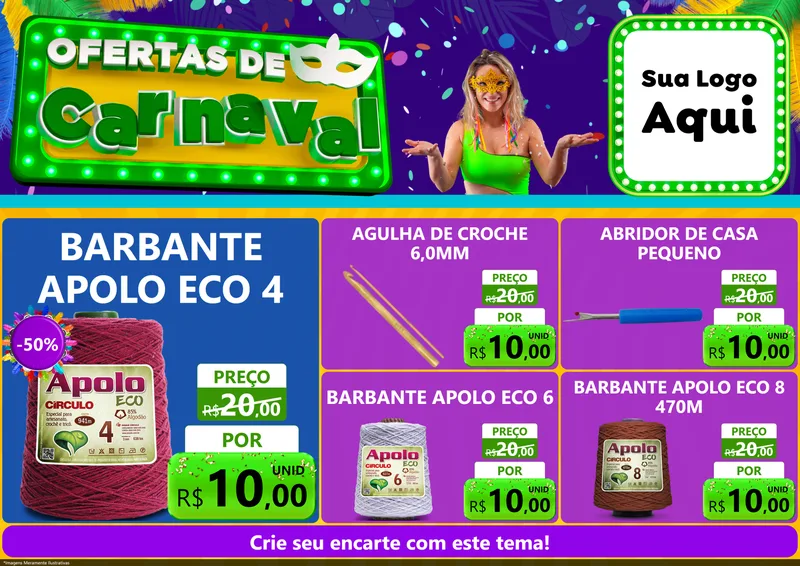 Modelo de Encarte para Encarte A4 Horizontal com o tema Ofertas de Carnaval para Armarinho e Aviamentos