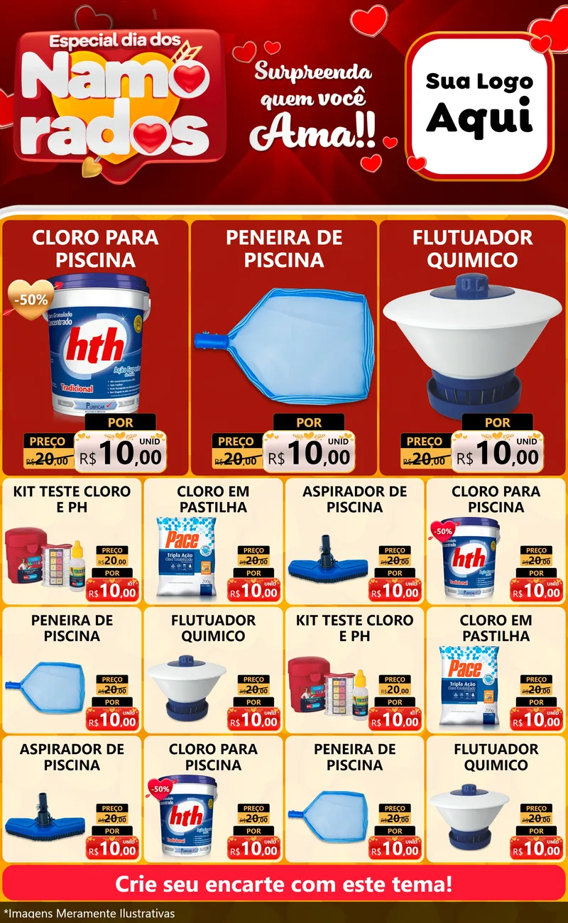 Modelo de Encarte para Encarte Grande com o tema Especial Dia dos Namorados para Produtos para Piscina