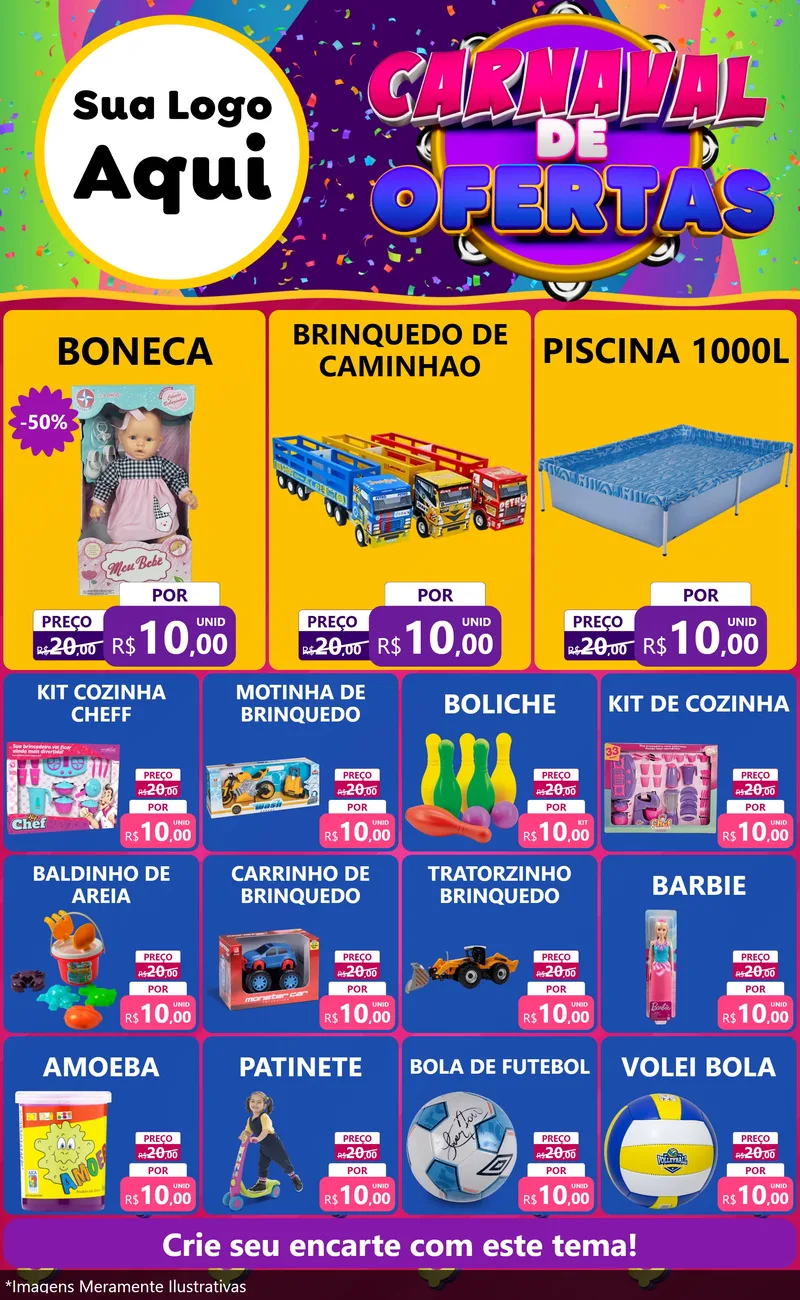 Modelo de Encarte para Encarte Grande com o tema Carnaval de Ofertas para Brinquedos