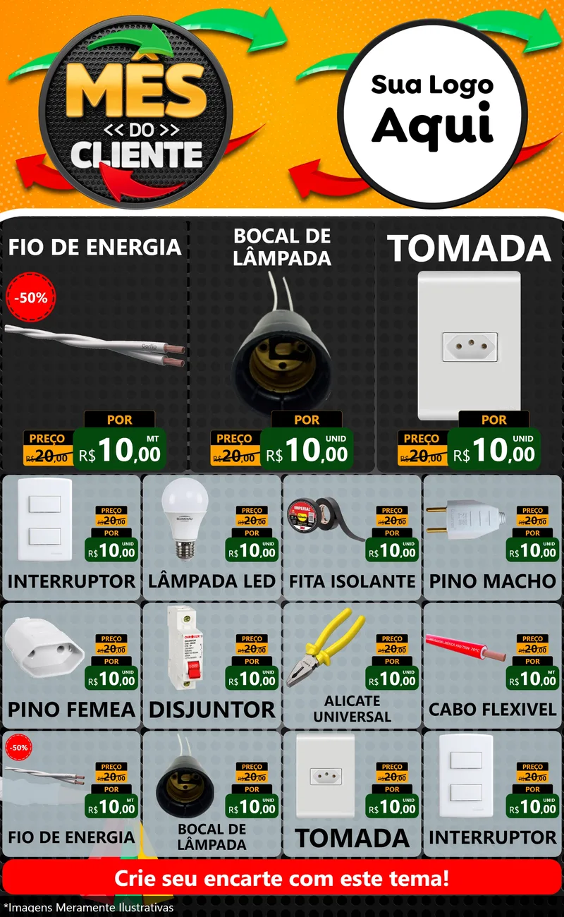 Modelo de Encarte para Encarte Grande com o tema Mês do Cliente para Materiais Elétricos
