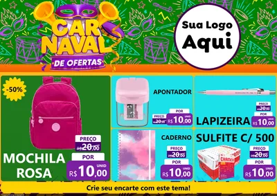 Modelo de Encarte para Encarte A4 Horizontal com o tema Carnaval de Ofertas para Papelaria