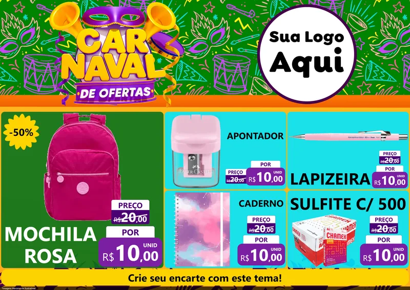 Modelo de Encarte para Encarte A4 Horizontal com o tema Carnaval de Ofertas para Papelaria