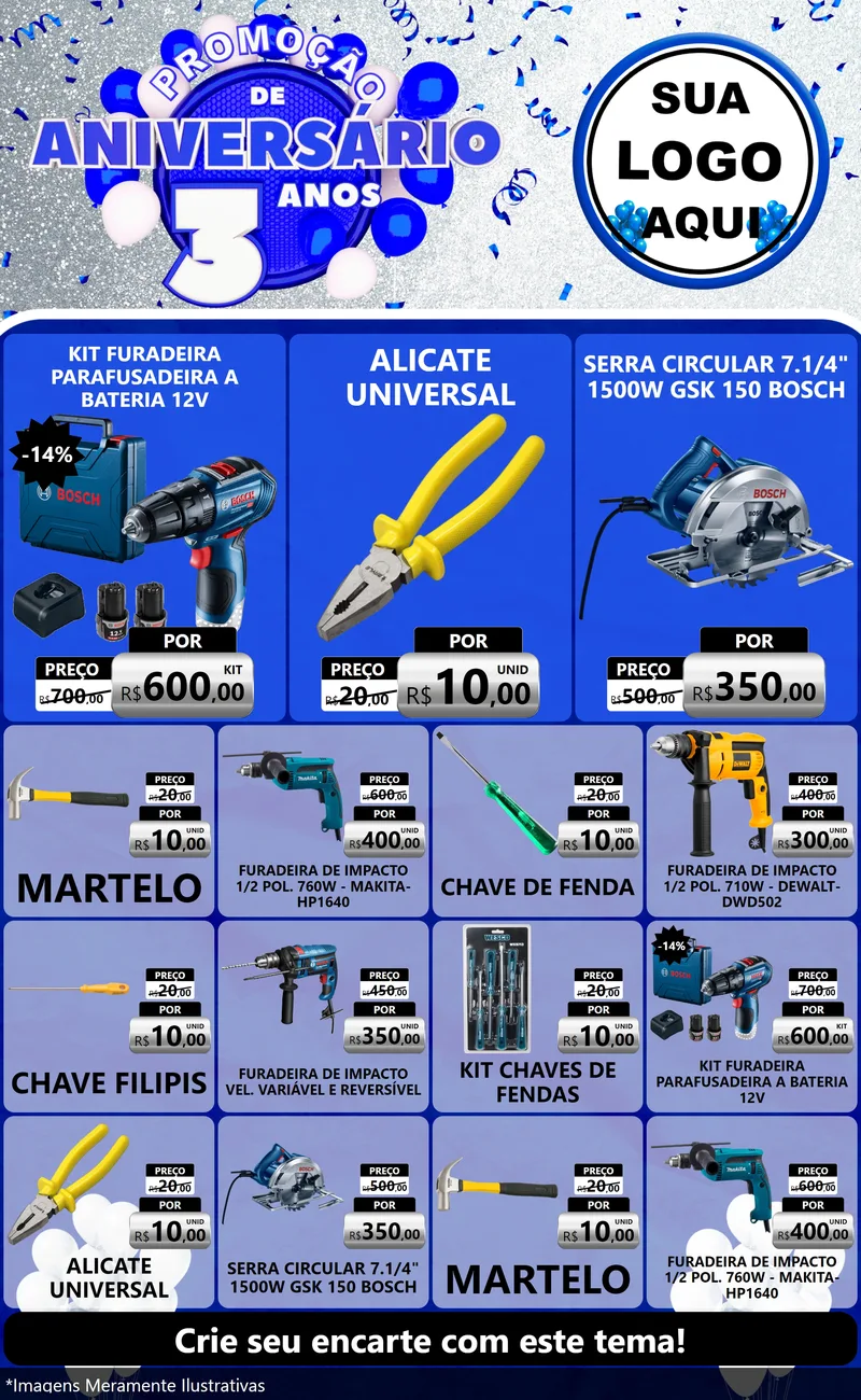 Modelo de Encarte para Encarte Grande com o tema Promoção de Aniversário - 3 Anos para Maquinas e Ferramentas