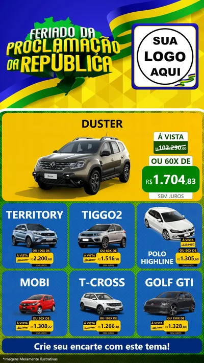 Modelo de Rede Social para Stories com o tema Feriado da Proclamação da República para Concessionaria de Carros