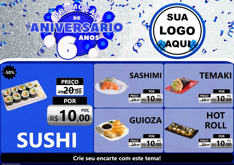 Modelo de Encarte para Encarte A4 Horizontal com o tema Promoção de Aniversário - 6 Anos para Comida japonesa
