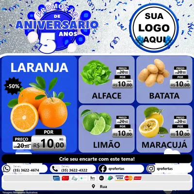 Modelo de Rede Social para Feed Facebook com o tema Promoção de Aniversário - 5 Anos para Hortifrúti