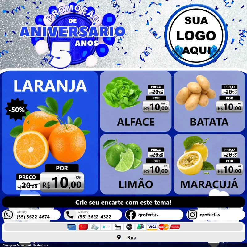 Modelo de Rede Social para Feed Facebook com o tema Promoção de Aniversário - 5 Anos para Hortifrúti