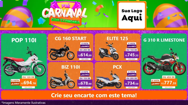 Modelo de TV para TV Horizontal com o tema Pré-Carnaval Com Economia para Concessionaria de Motos