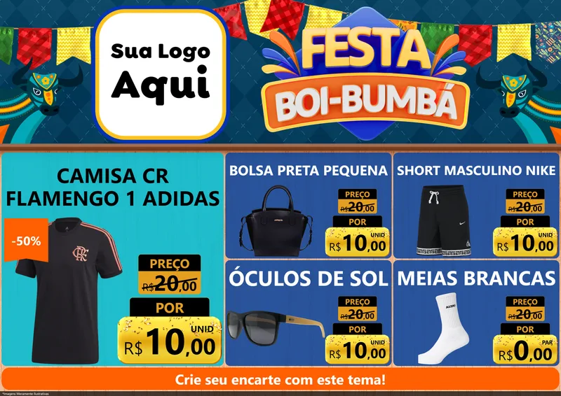 Modelo de Encarte para Encarte A4 Horizontal com o tema Festa Boi Bumbá para Roupas e acessórios