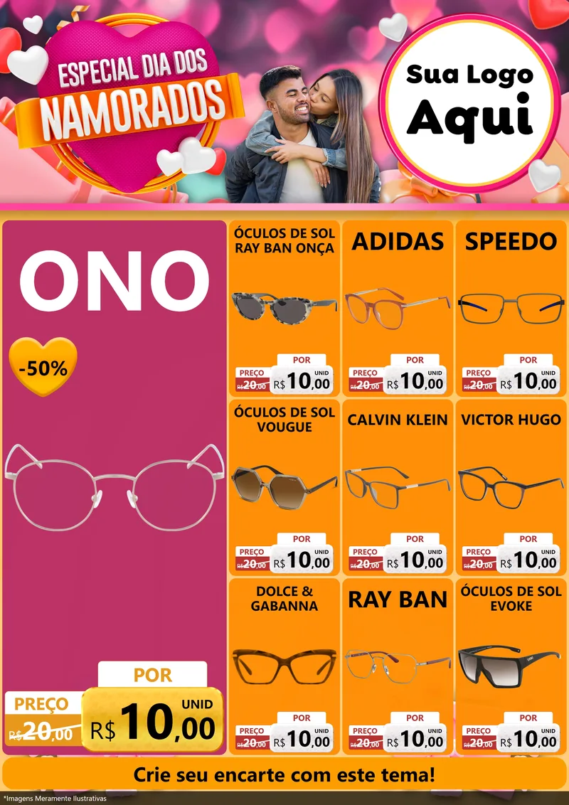 Modelo de Encarte para Encarte A4 Vertical com o tema Especial Dia dos Namorados para Óticas
