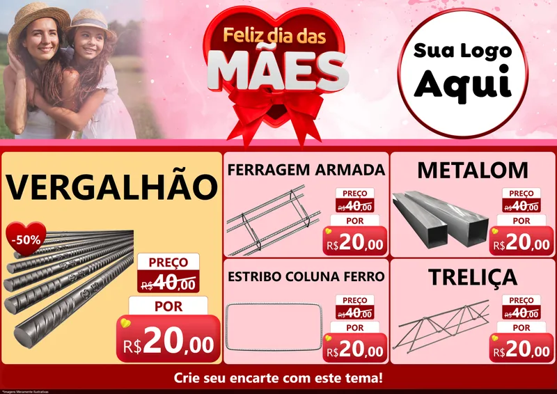 Modelo de Encarte para Encarte A4 Horizontal com o tema Feliz Dia Das Mães para Ferragens