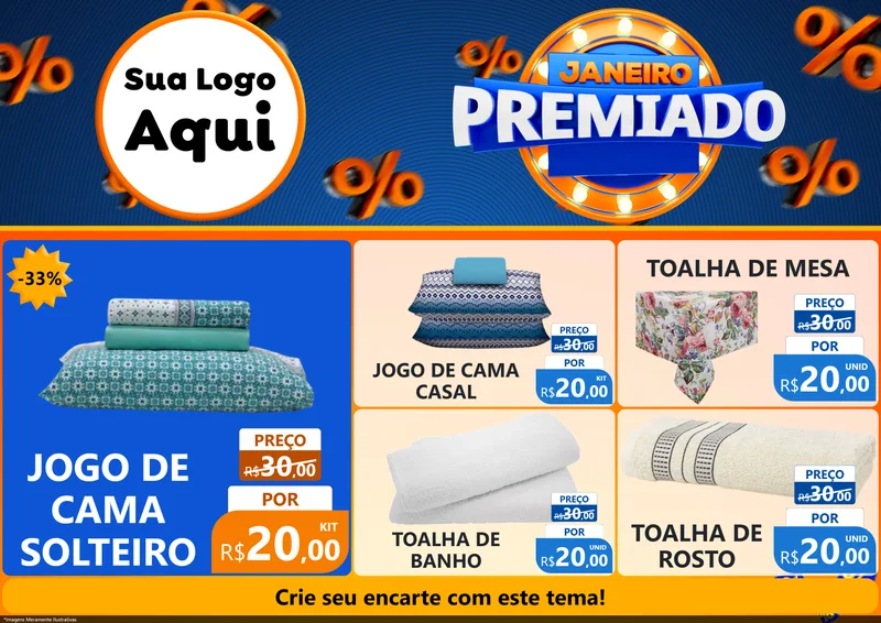 Modelo de Encarte para Encarte A4 Horizontal com o tema Janeiro Premiado para Cama, Mesa e Banho