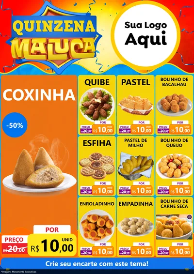 Modelo de Encarte para Encarte A4 Vertical com o tema Quinzena Maluca para Salgadaria