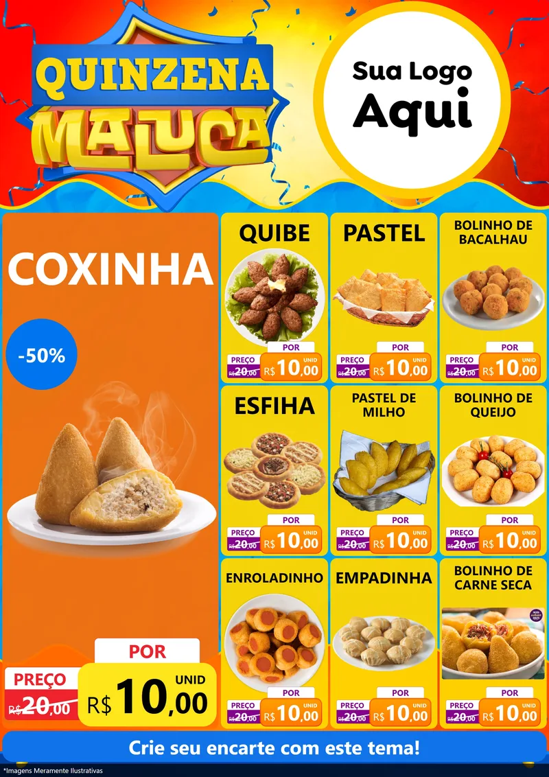 Modelo de Encarte para Encarte A4 Vertical com o tema Quinzena Maluca para Salgadaria
