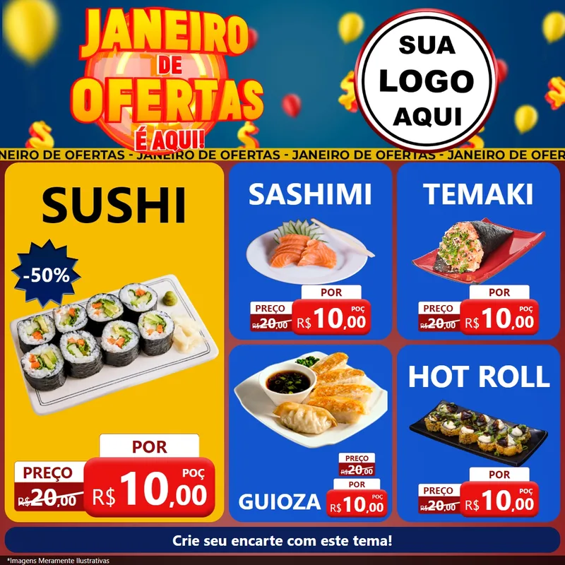 Modelo de Rede Social para Feed Facebook com o tema Janeiro de Ofertas É Aqui! para Comida japonesa