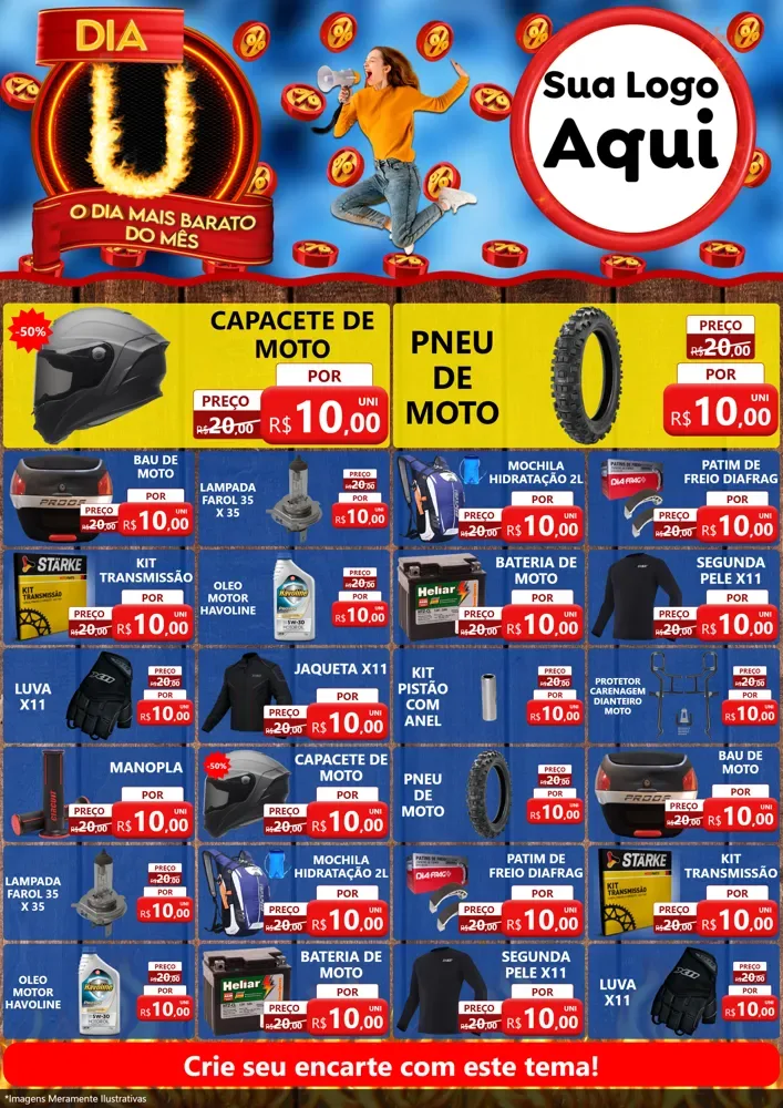 Modelo de Encarte para Encarte A4 Vertical com o tema Dia U - O Dia Mais Barato Do Mês para Moto peças
