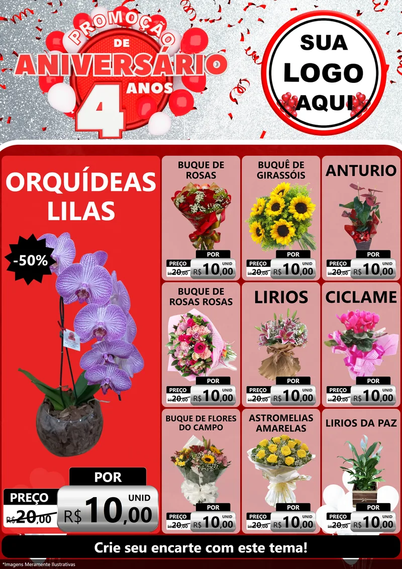 Modelo de Encarte para Encarte A4 Vertical com o tema Promoção de Aniversário - 4 Anos para Floricultura e jardim