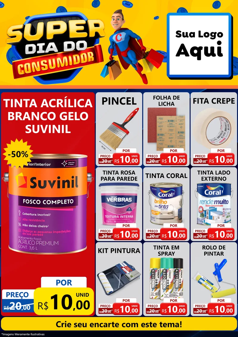 Modelo de Encarte para Encarte A4 Vertical com o tema Super Dia do Consumidor para Tintas e Ferramentas