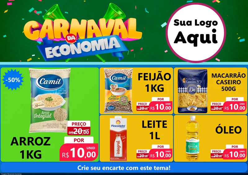 Modelo de Encarte para Encarte A4 Horizontal com o tema Carnaval da Economia para Supermercado