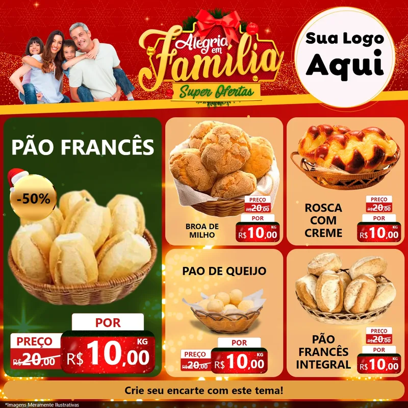 Modelo de Rede Social para Feed Facebook com o tema Alegria em Família Super Ofertas - Natal para Padaria