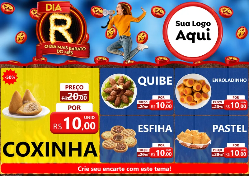Modelo de Encarte para Encarte A4 Horizontal com o tema Dia R - O Dia Mais Barato Do Mês para Salgadaria