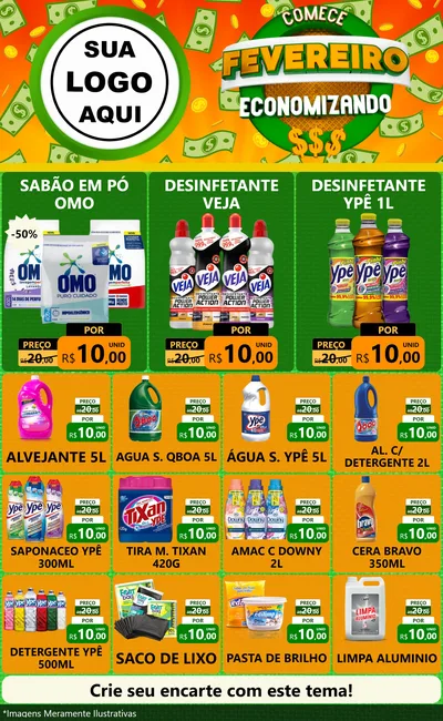Modelo de Encarte para Encarte Grande com o tema Comece Fevereiro Economizando para Produtos de Limpeza
