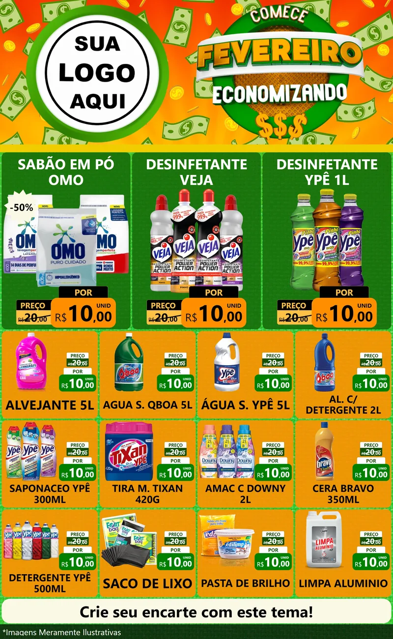 Modelo de Encarte para Encarte Grande com o tema Comece Fevereiro Economizando para Produtos de Limpeza