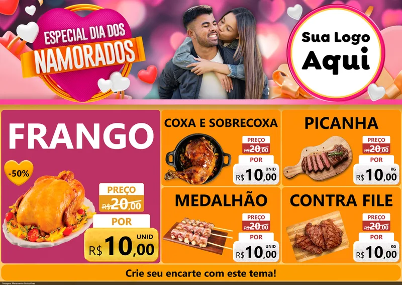 Modelo de Encarte para Encarte A4 Horizontal com o tema Especial Dia dos Namorados para Assados