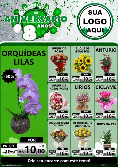 Modelo de Encarte para Encarte A4 Vertical com o tema Promoção de Aniversário - 8 Anos para Floricultura e jardim