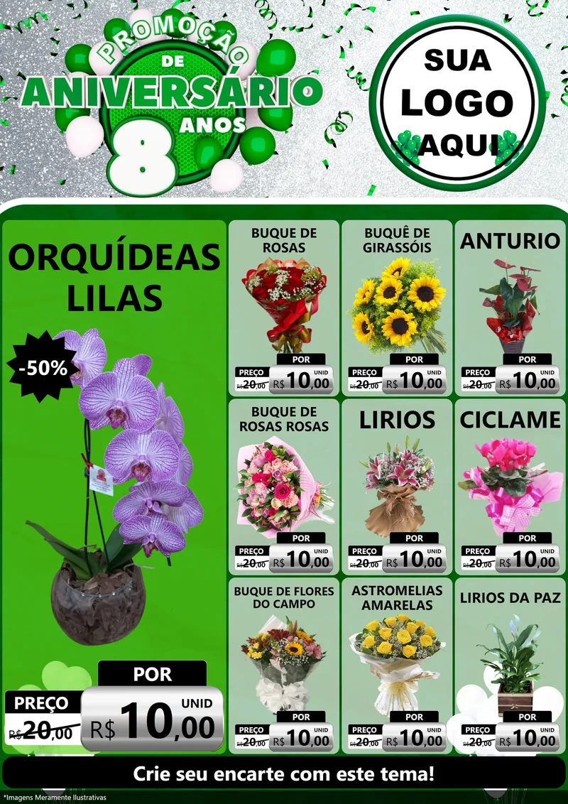 Modelo de Encarte para Encarte A4 Vertical com o tema Promoção de Aniversário - 8 Anos para Floricultura e jardim
