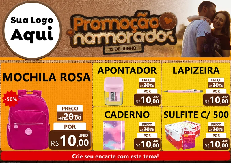 Modelo de Encarte para Encarte A4 Horizontal com o tema Promoção Namorados para Papelaria