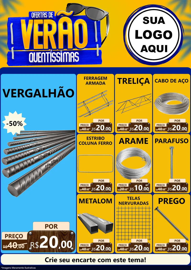 Modelo de Encarte para Encarte A4 Vertical com o tema Ofertas de Verão Quentíssimas para Ferragens