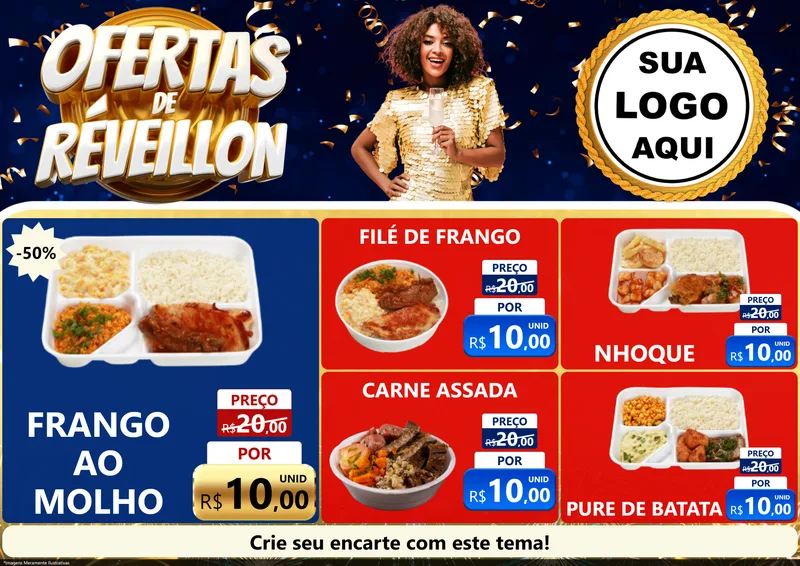 Modelo de Encarte para Encarte A4 Horizontal com o tema Ofertas de Réveillon para Restaurante
