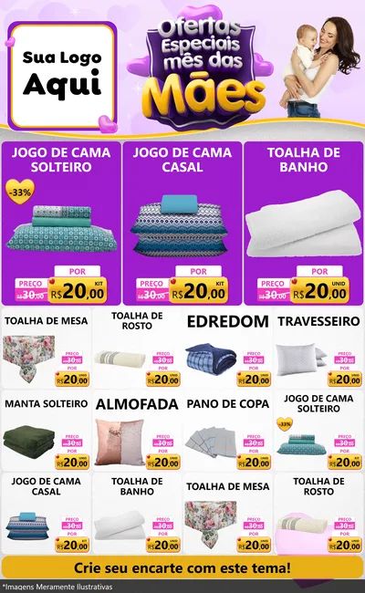 Modelo de Encarte para Encarte Grande com o tema Ofertas Especiais - Mês das Mães para Cama, Mesa e Banho