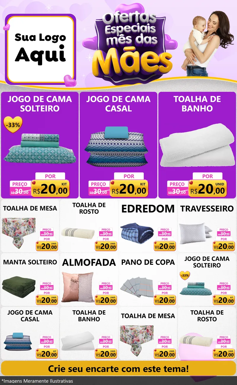 Modelo de Encarte para Encarte Grande com o tema Ofertas Especiais - Mês das Mães para Cama, Mesa e Banho