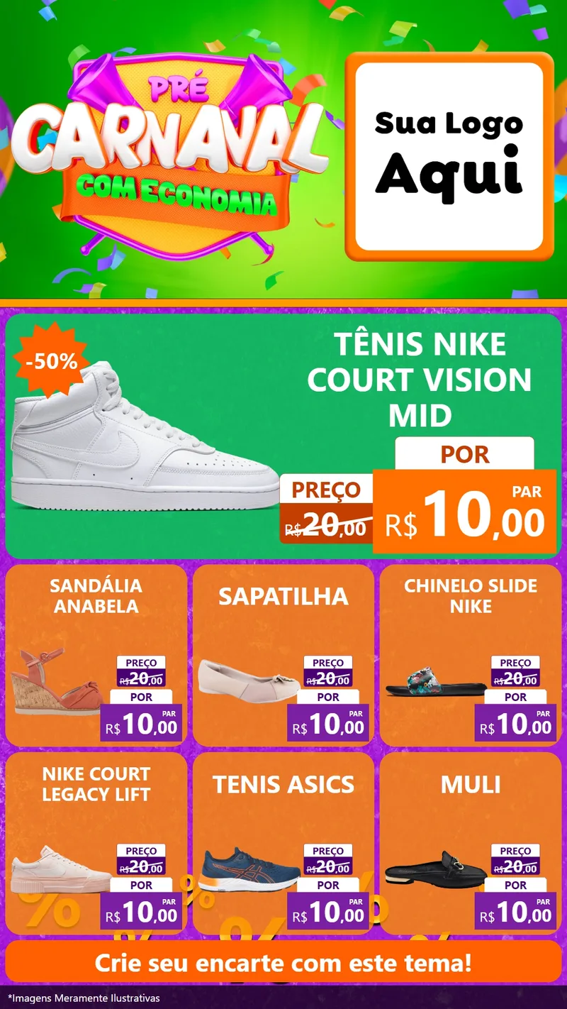 Modelo de Rede Social para Stories com o tema Pré-Carnaval Com Economia para Calçados