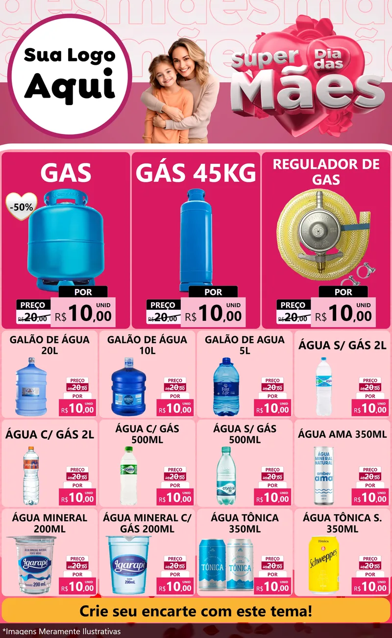 Modelo de Encarte para Encarte Grande com o tema Super Dia Das Mães para Água e gás