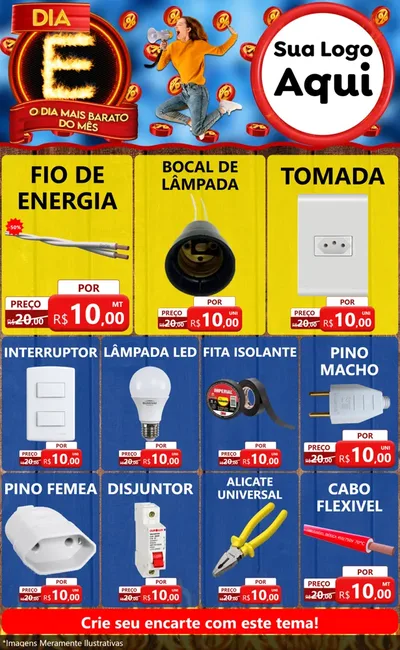 Modelo de Encarte para Encarte Grande com o tema Dia E - O Dia Mais Barato Do Mês para Materiais Elétricos