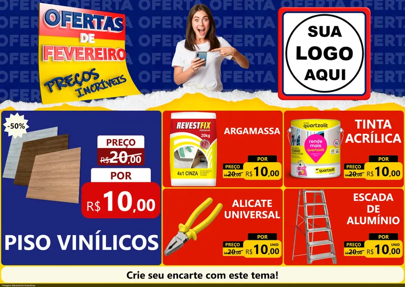 Modelo de Encarte para Encarte A4 Horizontal com o tema Ofertas de Fevereiro - Preços Incríveis para Material para Construção