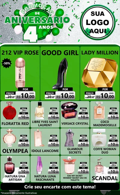Modelo de Encarte para Encarte Grande com o tema Promoção de Aniversário - 4 Anos para Perfumes